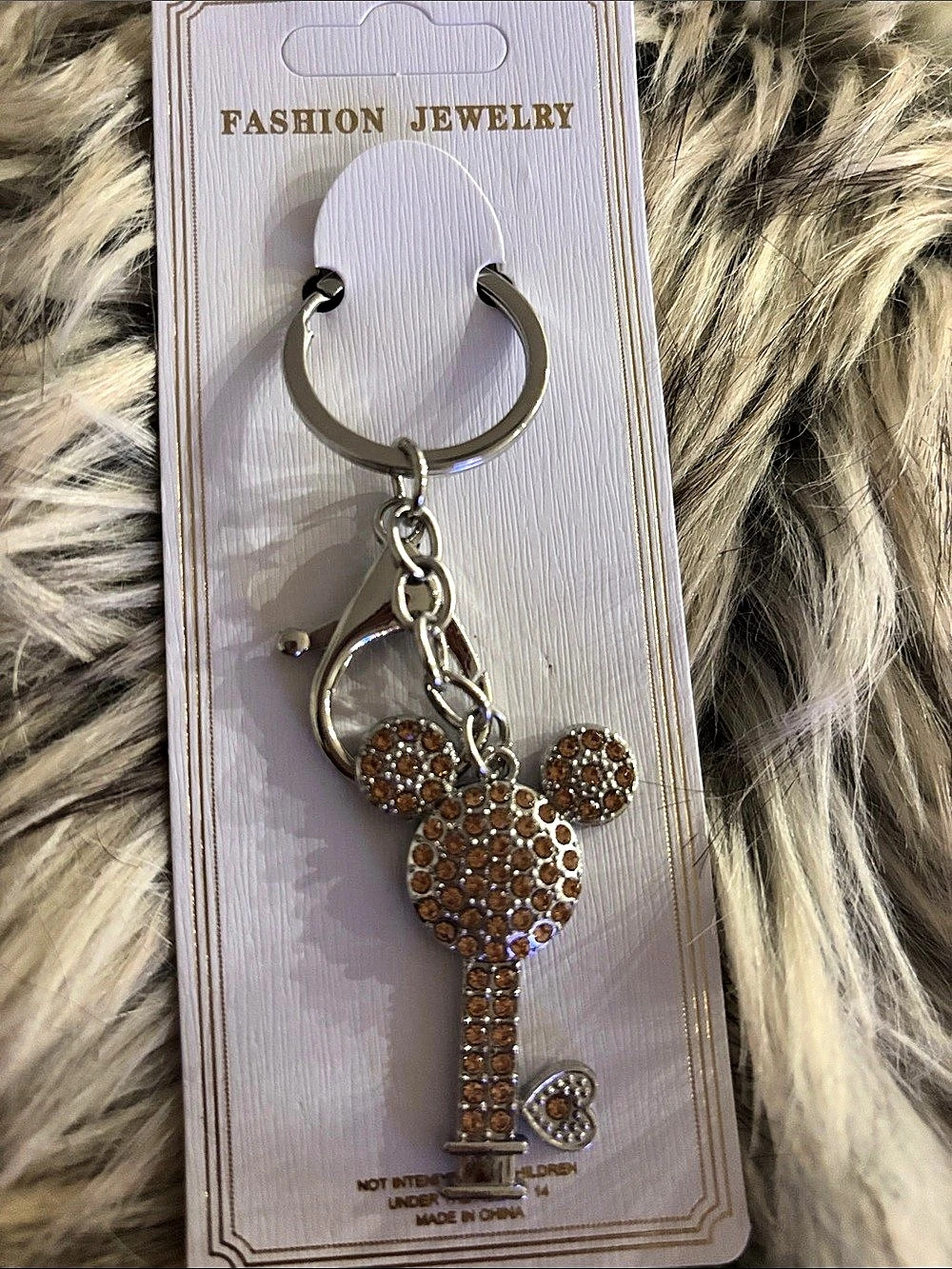 Rhinestone Keychain in Silver & Brown NWT